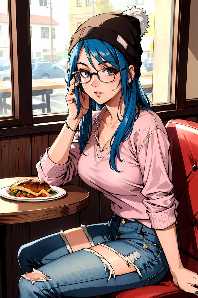 00652-2455853547-masterpiece, high quality, sharp focus, a 25yo swedish woman, blue hair, wearing a beanie and glasses, wearing a pink blouse and.png